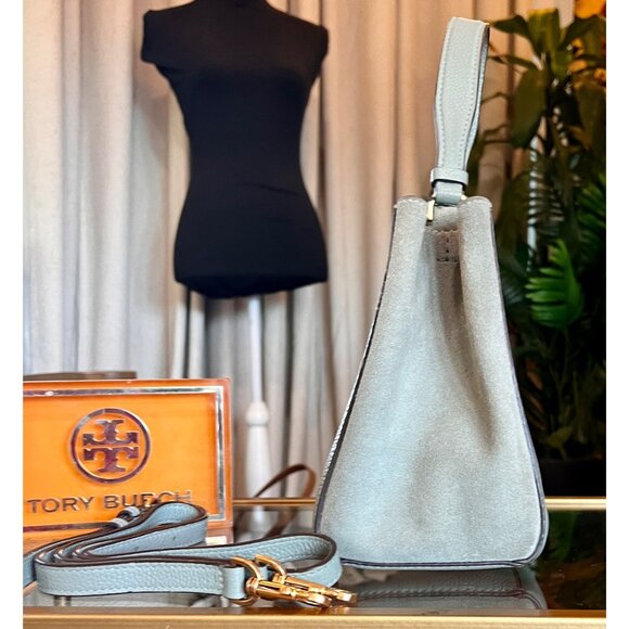 Tory Burch Pebbled Leather Mini Bucket Bag With Detachable Strap In Light Gray - Picture 2 of 10